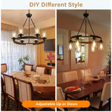 28 Inch Wagon Wheel Chandelier with Glass Shade, 6-Light Farmhouse Wood Large Round Chandeliers for Dining Room Pendant Light Fixture for Living Room Bedroom Kitchen Island Foyer Entryway GRUSTRUST