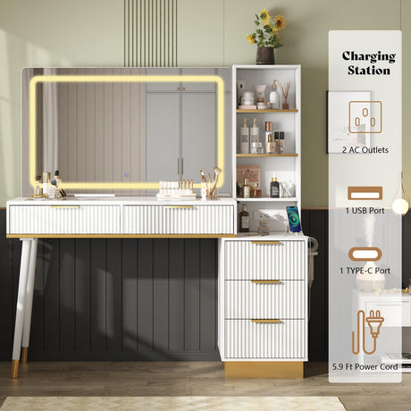 AMERLIFE 48" Vanity Desk with 35" Large Lighted Mirror, Big Modern Makeup Vanity Table with 5 Drawers & Shelves, Dressing Table with Charging Station/Glass Desktop/White AMERLIFE