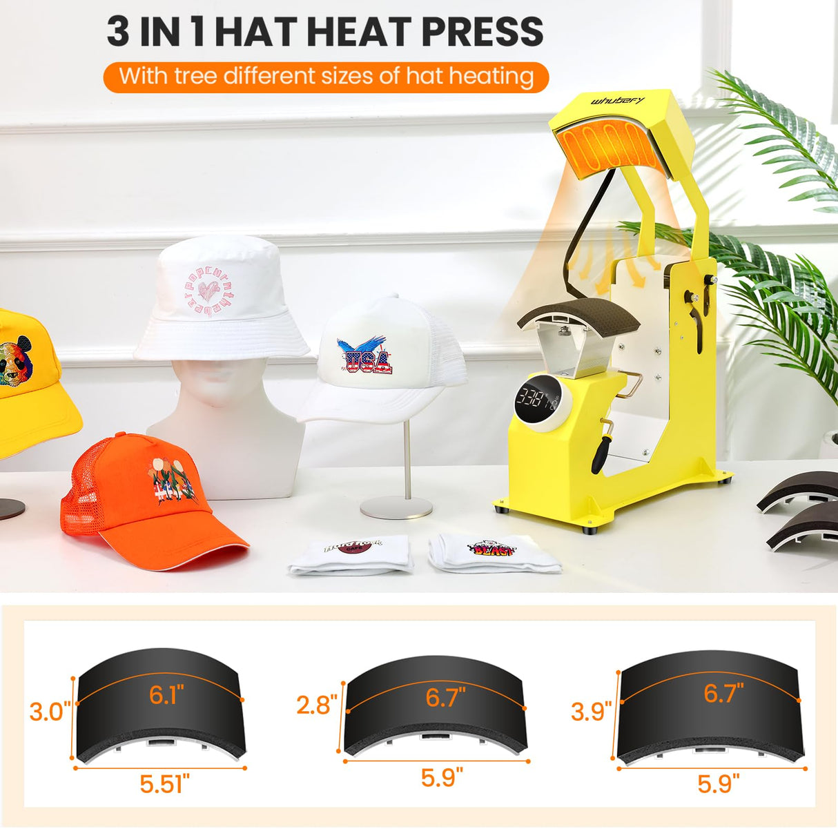 Whubefy 3in1 Hat Press Heat Machine for Caps - Auto Hat Heat Press w/3 Platens - No Crease No Stick - One-Touch Easy Press Cap Heat Press for Hats T-Shirts Small HTV Iron on Vinyl Sublimation Projects Whubefy