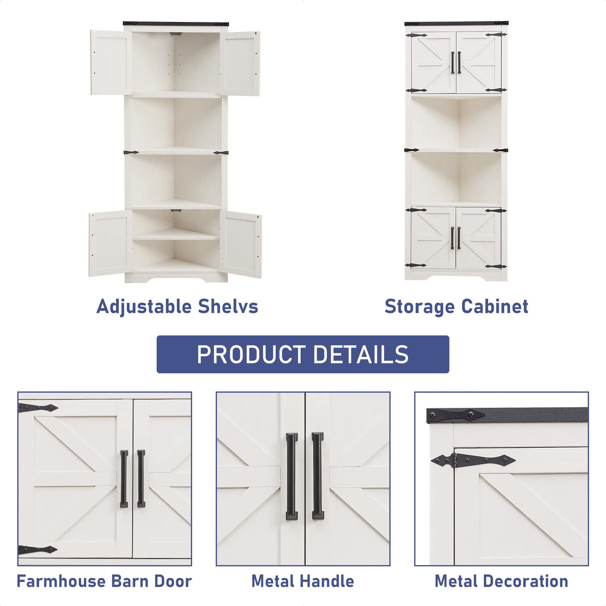 JXQTLINGMU Farmhouse Corner Cabinet, 67" Tall Corner Bathroom Storage Cabinet with 2 Barn Door & Adjustable Shelves for Kitchen, Dining Room, Living JXQTLINGMU