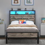 CHABUILDREARK Twin Bed Frame with Charging Station and LED Lights, Metal Platform Bed with Wood Storage Headboard, Rustic Barn Door Design, Noise Free, No Box Spring Needed, Wash Grey CHABUILDREARK