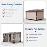 Gotland 10FTx12FT Outdoor Wall-Mounted Hardtop Pergola, Metal Frame Gazebo with Sloping Sun Panel Roof and Double Curtains for Patio, Garden, Lawn, Khaki Gotland