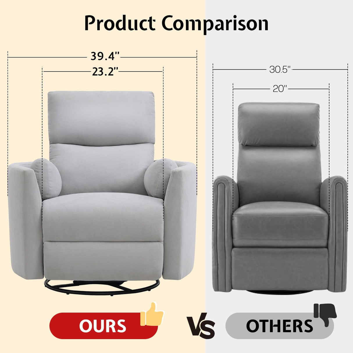 Jocisland Power Recliner Nursery Chair for Adults, Electric Swivel Rocking Glider with USB & Type-C, Soft Fabric Armchair with 2 Pillows, Cozy Reclining Sofa for Living Room, Bedroom, Light Grey Jocisland
