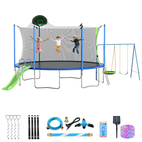 Lyromix 12FT Trampoline with Slide and Swings, Large Outdoor Trampoline with Basketball Hoop, Ladder, Light and Net, Capacity for 5-7 Kids and Adults Lyromix