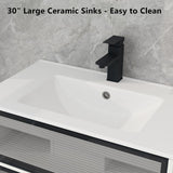 YOURLITE 30” Floating Bathroom Vanity with Sink Combo, Modern Wall Mounted Cabient with 2 Glass Doors Drawers Storage, Undermount Bathroom Ceramic Sink & Soft Closing Doors & Black Faucet YOURLITE
