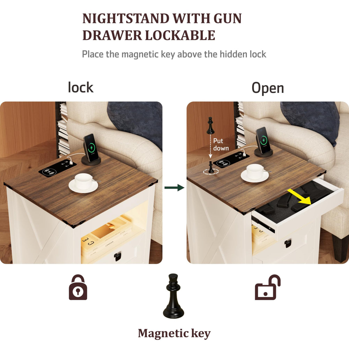 LED Nightstand with Gun Drawer: Bedside Table with Charging Station for Bedroom Furniture – Farmhouse Night Stand with 3 Colors Smart Human Sensor Lights for Living Room End Table, White HWB