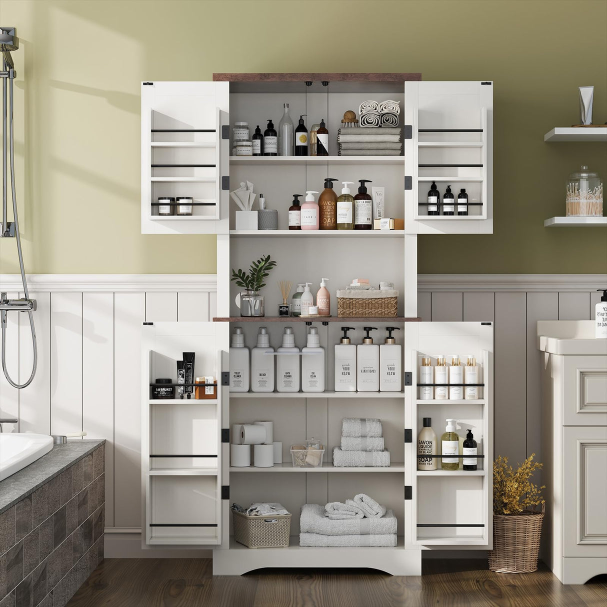 Apicizon 72" Kitchen Pantry Cabinet, Freestanding Kitchen Pantry Storage Cabinets with Barn Doors & Shelves, Utility Hutch Cabinet, Cupboard Organizer for Dining Room Living Room Bathroom Apicizon