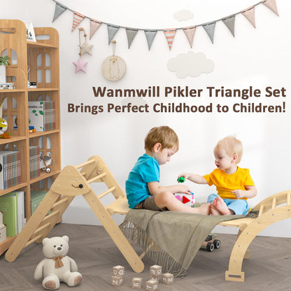 Wanmwill 5 in 1 Pikler Triangle Set, Wooden Montessori Climbing Toys, Toddler Indoor Playground, Foldable Baby Climbing Toys, Kids Jungle Gym with Ramp, Arche Rocker and Triangle (Natural