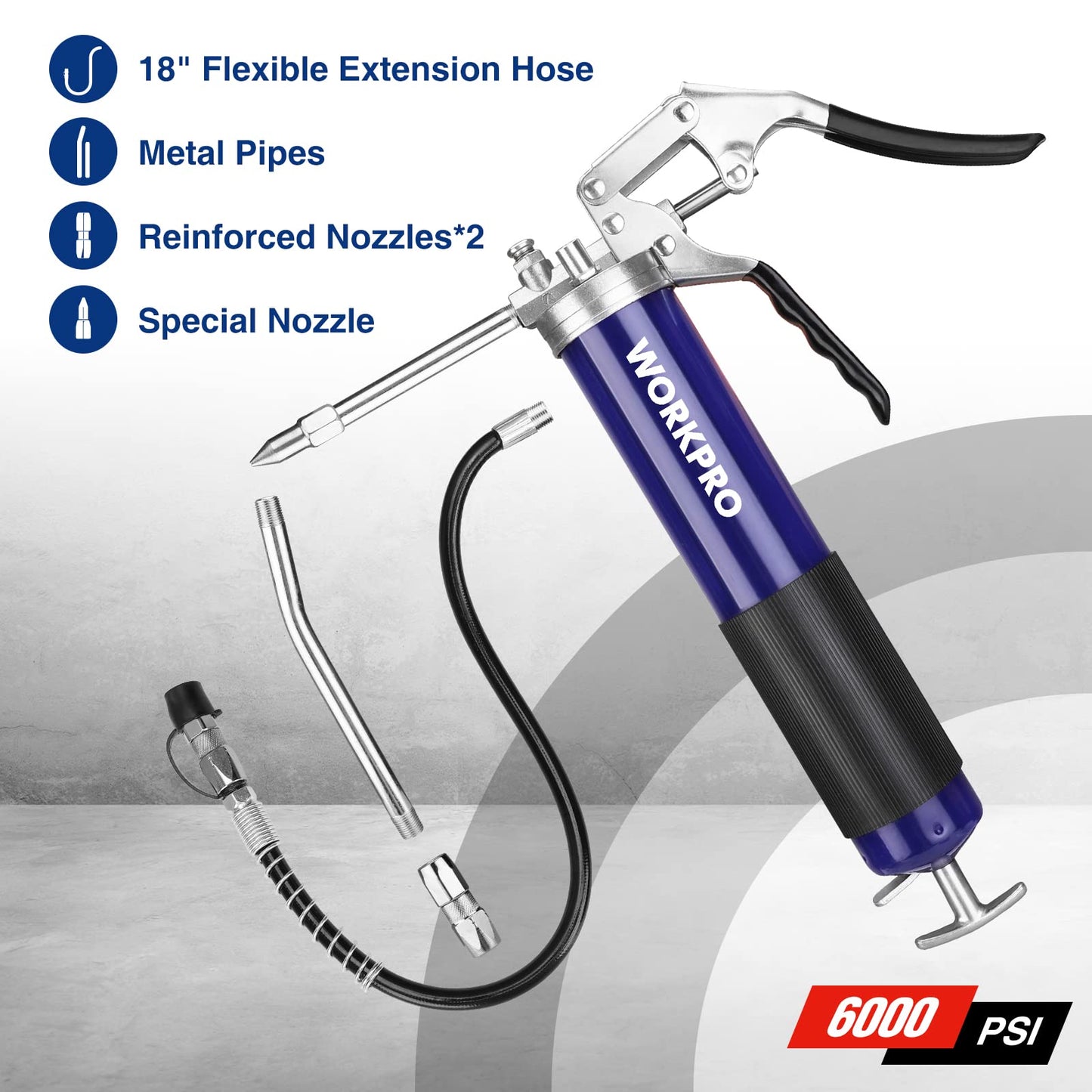 WORKPRO Grease Gun Kit, 6000PSI Heavy Duty Grease Gun with 18inch Flexible Hose, 2 Fixed Tubes and 3 Nozzles, 14oz Load - WoodArtSupply