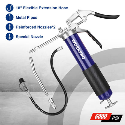 WORKPRO Grease Gun Kit, 6000PSI Heavy Duty Grease Gun with 18inch Flexible Hose, 2 Fixed Tubes and 3 Nozzles, 14oz Load - WoodArtSupply