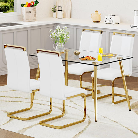 Ebullient Glass Dining Table Set for 4,5 Piece Dining Table and Chairs Set，Modern Kitchen Dining Room Table with 4 White PU Leather Dining Chairs,0.31” Tempered Glass Table Top with Gold Metal Legs Ebullient
