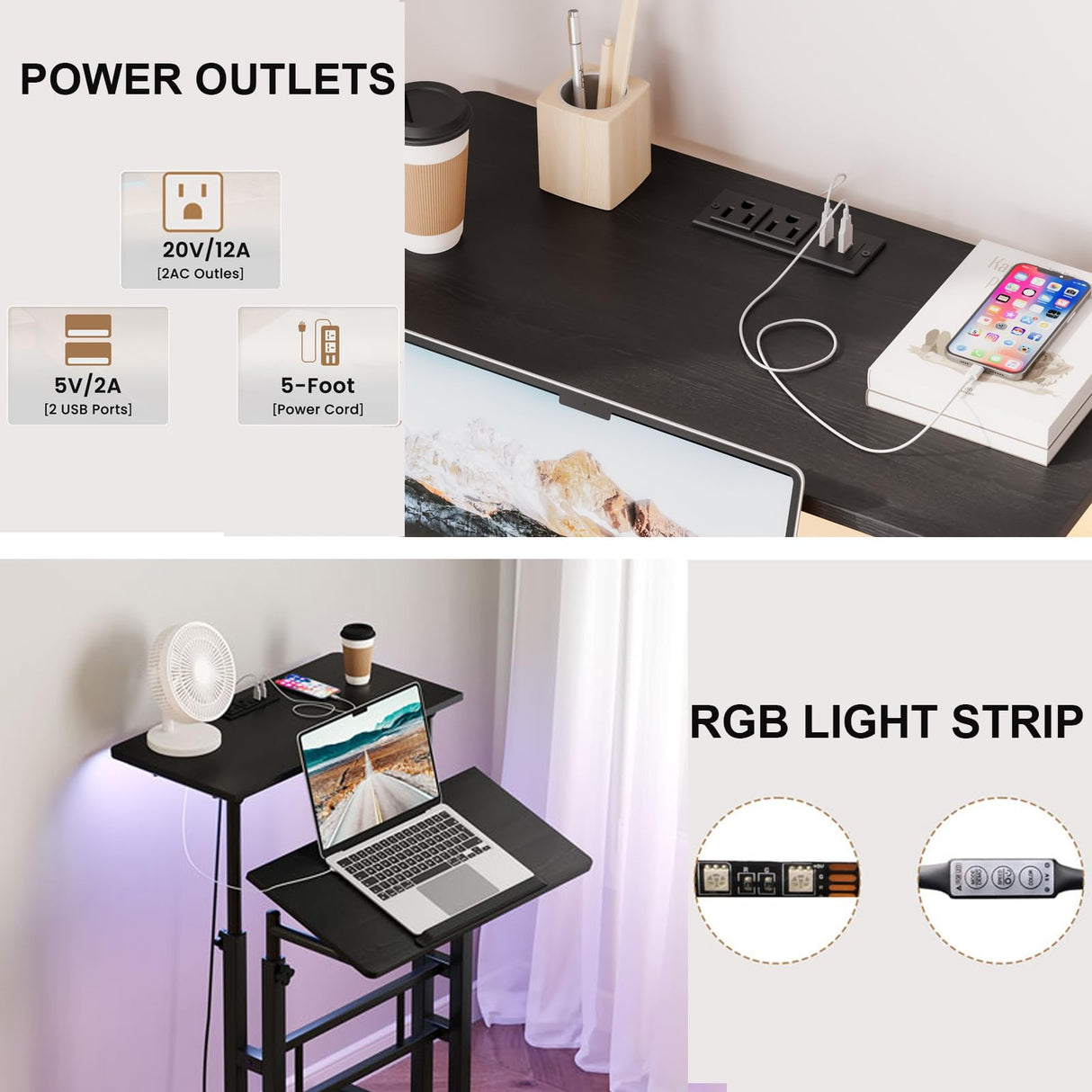 Dripex Mobile Standing Desk with Power Outlets & Strip Lights, Rolling Small Desk, Adjustable Height Laptop Table with Wheels, Portable Sit-Stand Workstation for Home Office Dripex