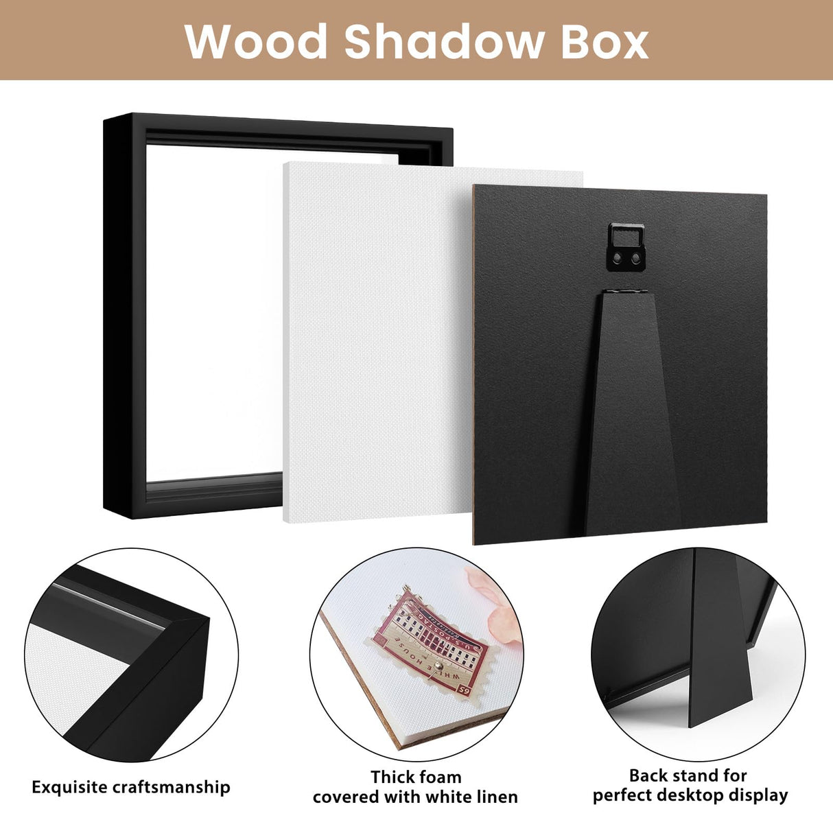 Califortree 8x8 Shadow Box Frame with Soft Linen Back - Push Pins Included, Memory Box Display Case for Flower, Tickets and 3D Items, Black Califortree