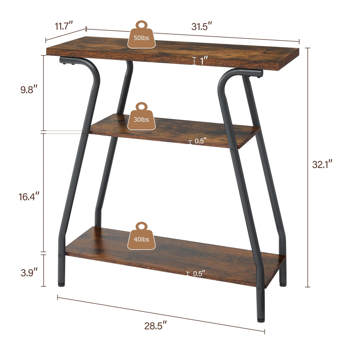 FAVOOSTY Narrow Console Table, 3 Tier Entryway Table with Storage Shelves, Industrial Farmhouse Sofa Table with Curved Frame for Living Room, Entry Way, Hallway, Foyer, Front Door, Couch, Office FAVOOSTY