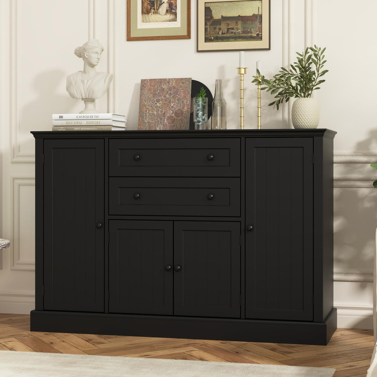 DecoFurn Farmhouse 47" Buffet Cabinet with Storage,Large Sideboard Buffet with Drawers and Adjustable Shelves, Rusitc Coffee Bar Cabinet for Kitchen, Black DecoFurn