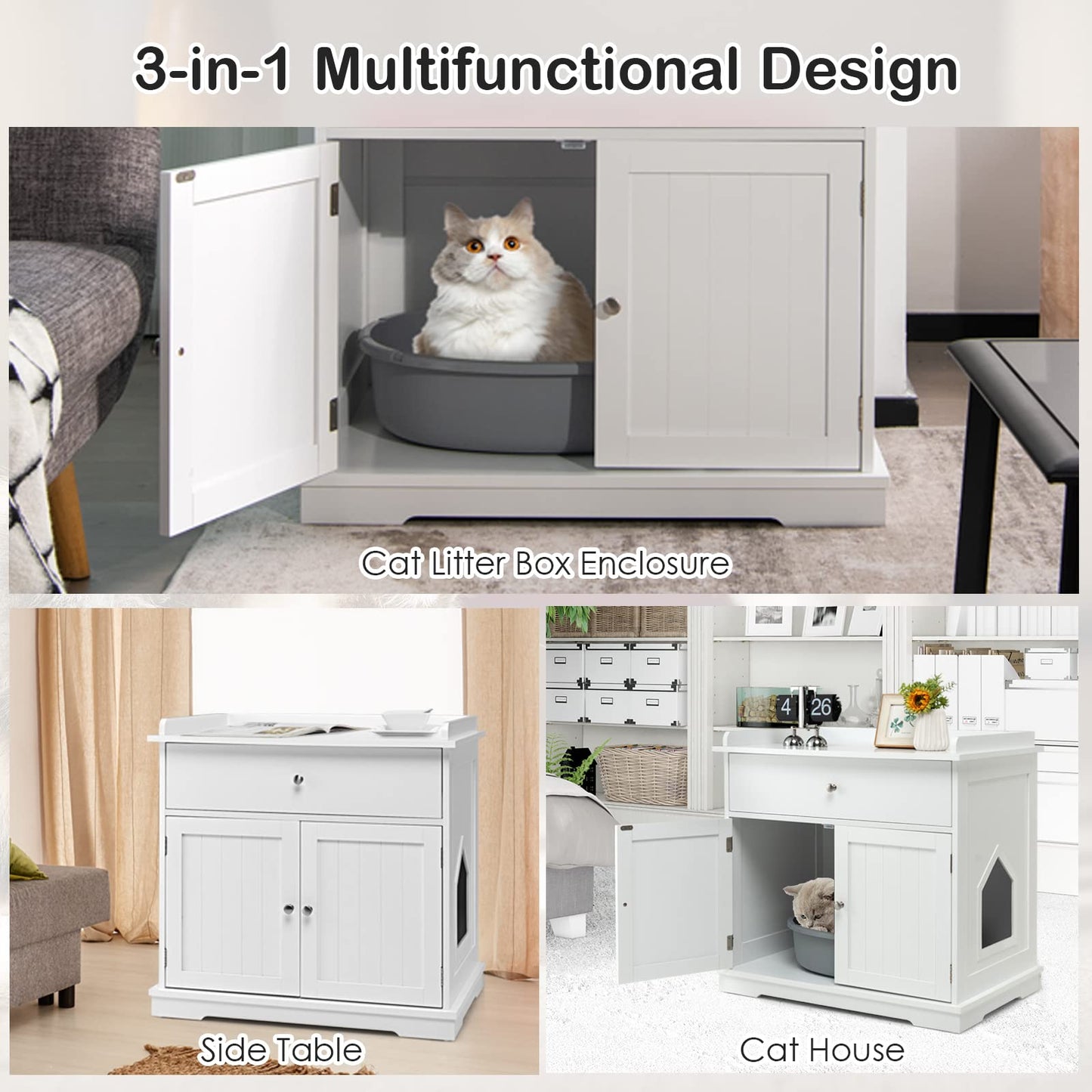 PETSITE Cat Litter Box Enclosure, Large Cat Washroom End Table with Drawer & 2 Doors, Wooden Cat House Storage Cabinet, Hidden Litter Box Furniture, White