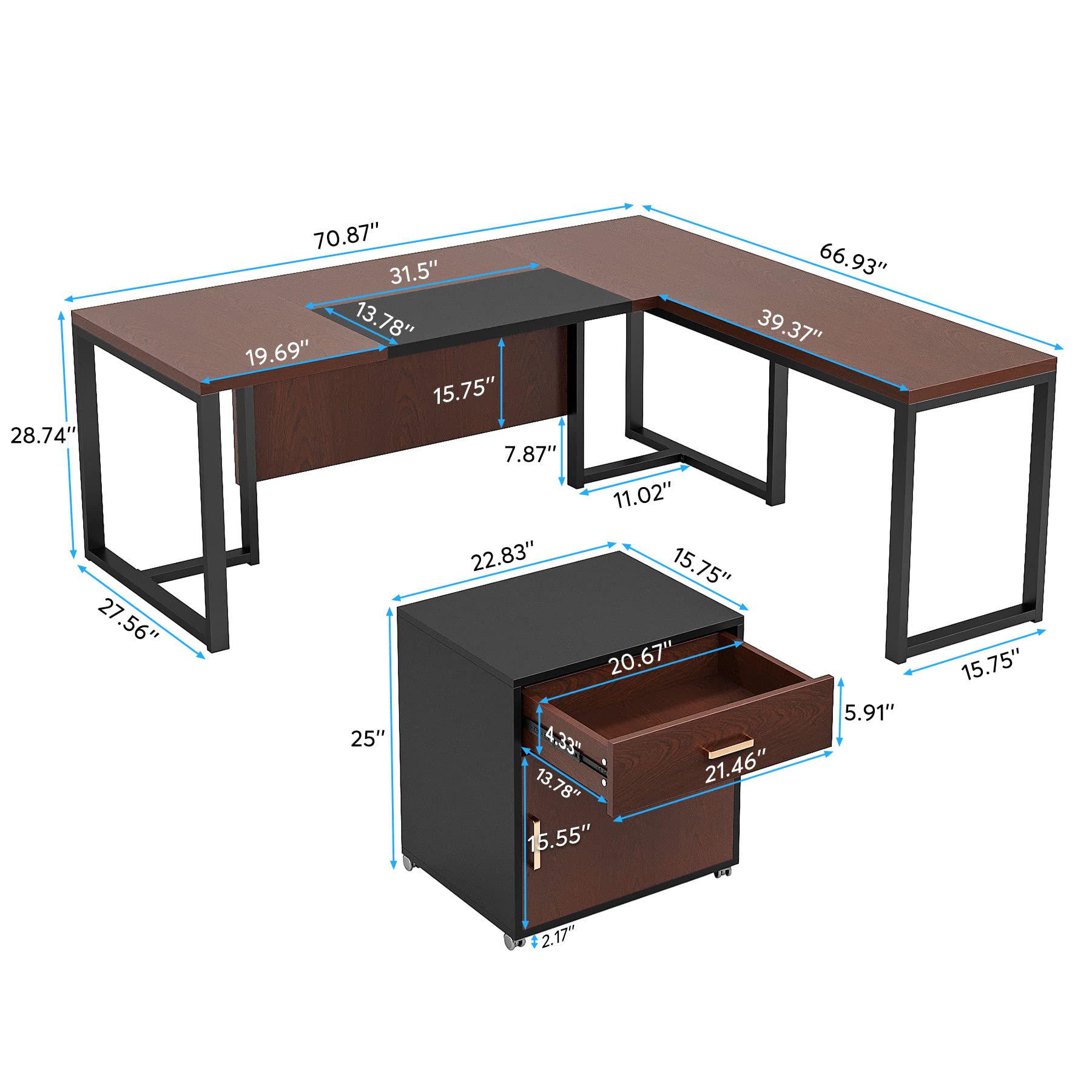 Tribesigns 70.8" L-Shaped Executive Desk with Drawer Cabinet, Large Executive Office Desk with Separate File Cabinet, Home Office Desk Workstation Business Furniture Set, Dark Walnut - WoodArtSupply