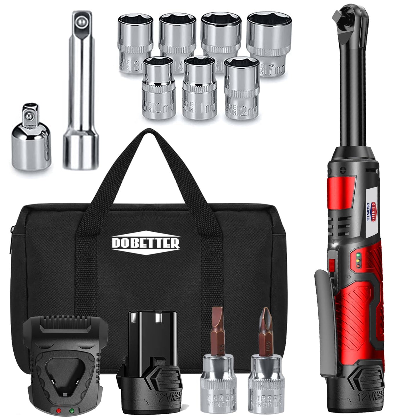 Dobetter Electric Ratchet Wrench 3/8 Cordless Ratchet Wrench Set, Extended 55 N·m Battery Powered Ratchet Tool with 7 Sockets, 2 Screwdrivers, 1 Extender, 1/4" Adapter and Bag-DBCRWI2L - WoodArtSupply