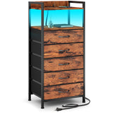 Furnulem 5 Drawer Dresser for Bedroom, Tall Nightstand with Led Light and Charging Station, Small Night Stand Bedside Table, Fabric Bins, Metal Frame, Wood Shelf, Side Furniture(Rustic Brown) Furnulem