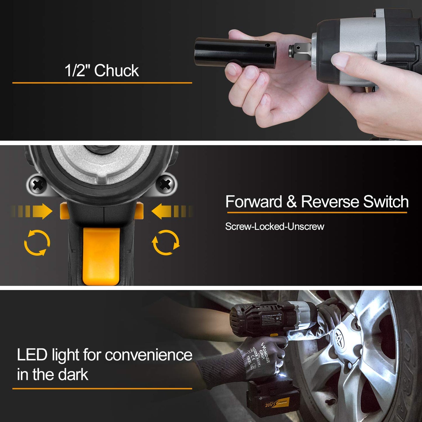 C P CHANTPOWER 20V Cordless Impact Wrench with 1/2” Chuck, Strong Motor Max Torque 450N.m, 4.0Ah Lithium-ion Battery, Variable Speed, 4PCS Sockets, Fast Charger and Tool Bag Included - WoodArtSupply