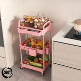 LLMRR 3 Tier Rolling Utility Cart with Drawer, Plastic Storage Organizer Rolling Carts with Wheels Handles Hanging Cups Hooks for Office, Bathroom, Kitchen,Craft Art Room (Pink) LLMRR