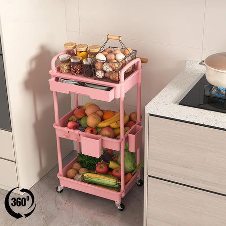 LLMRR 3 Tier Rolling Utility Cart with Drawer, Plastic Storage Organizer Rolling Carts with Wheels Handles Hanging Cups Hooks for Office, Bathroom, Kitchen,Craft Art Room (Pink) LLMRR