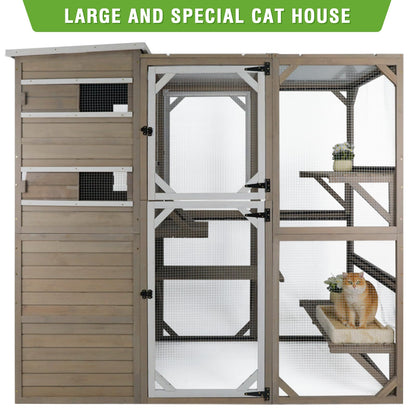 PetsCosset Large Outdoor Catio Cat Enclosures with Hidden Room,4 Story Cat House for Outsider Indoor Cats,Wooden Kitten Cage with Weatherproof Roof,3 Resting Rooms,7 Platforms,2 Open Doors - 77" H