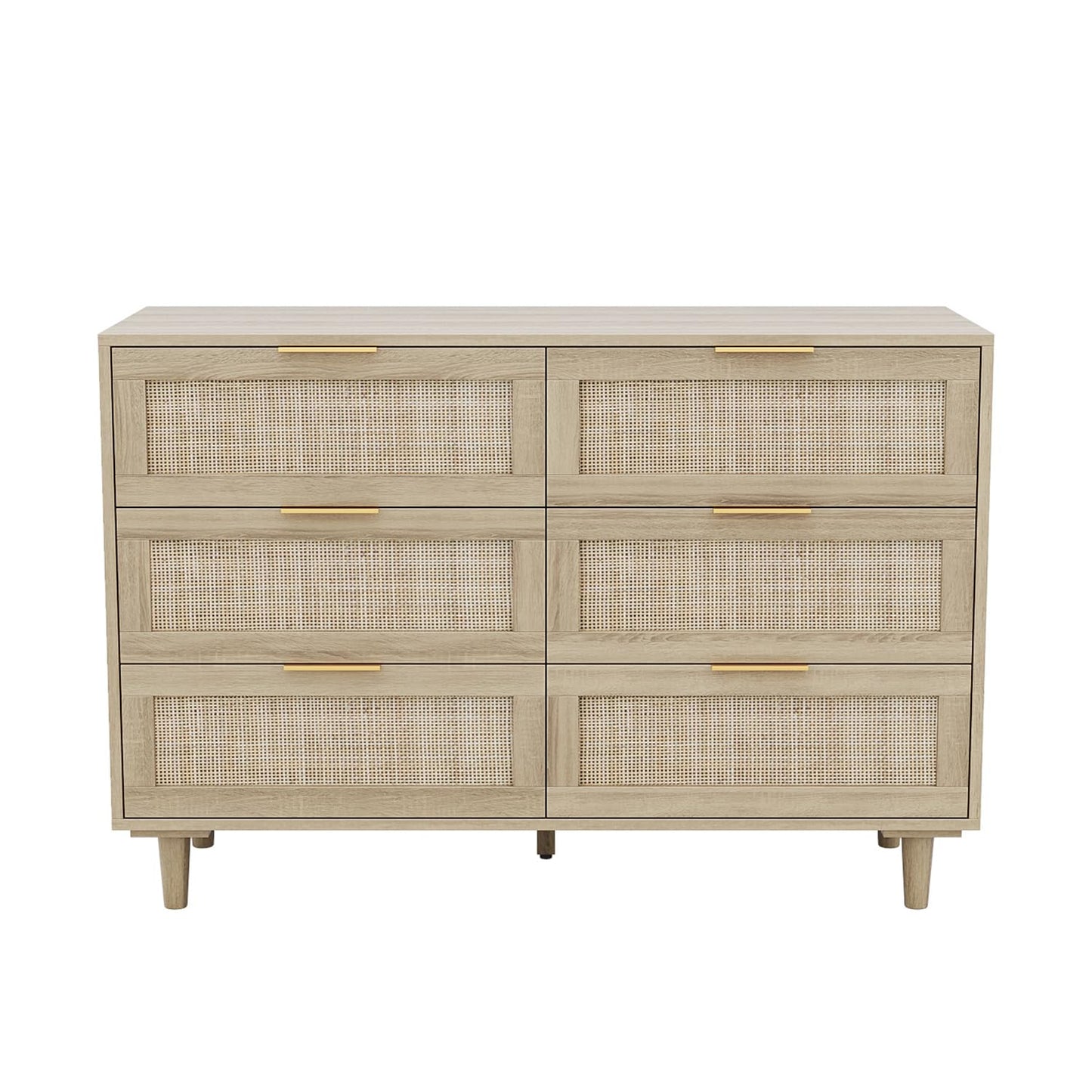 Angel Sar Rattan Dresser for Bedroom, 6 Drawer Wide Dresser, Boho&Farmhouse Chest of Drawers, 43" Clothes Storage Cabinet, Metal Handle&Wood Legs for Hallway, Living Room, Bedroom, Wood