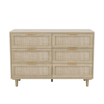 Angel Sar Rattan Dresser for Bedroom, 6 Drawer Wide Dresser, Boho&Farmhouse Chest of Drawers, 43" Clothes Storage Cabinet, Metal Handle&Wood Legs for Hallway, Living Room, Bedroom, Wood