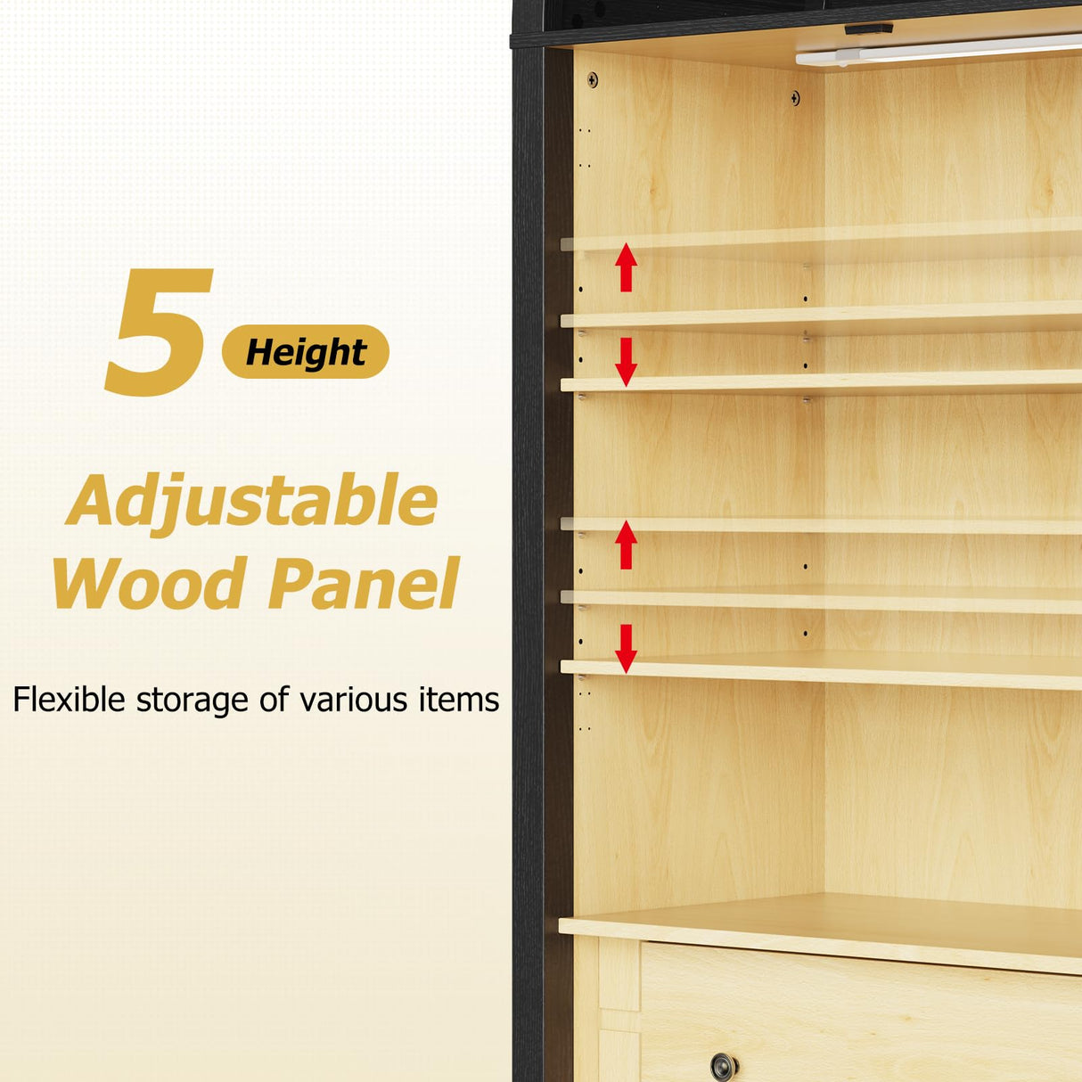 ROOMTEC Modern Farmhouse Arched Cabinet with Auto Sensor Light and Adjustable Shelves in Black Oak ROOMTEC