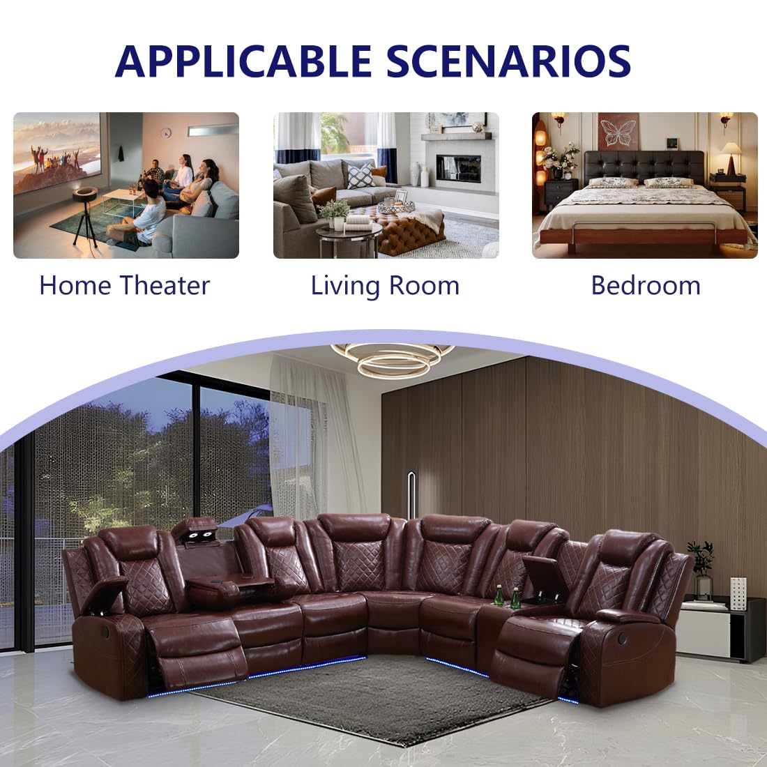 Anthato Power Recliner Sectional Sofa Set with LED, Luxury L-Shaped Reclining Sofa, Leather Reclining Corner Couch with Cup Holders/Storage/Charging Ports for Living Room/Home Theater, Burgundy Red Anthato