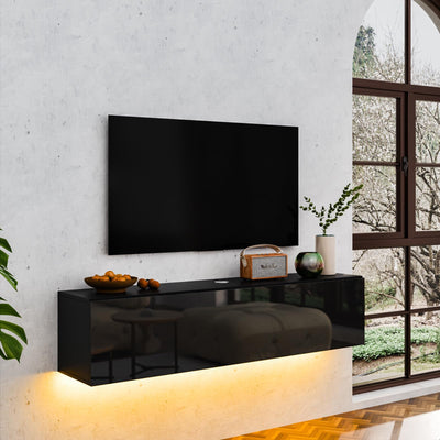 HOMMPA Floating TV Stand with Led Light for 63 Inch TVs Wall Mounted Led Entertainment Center Black with High Gloss Storage Modern Floor Mounted Media Console with Led Light for Living Room