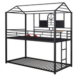 Twin Over Twin Metal Bunk Bed with Slide, House Bunk Bed with Roof and Guardrails for Kids, Teens, Girls, Boys (Black with Red Slide) Bellemave