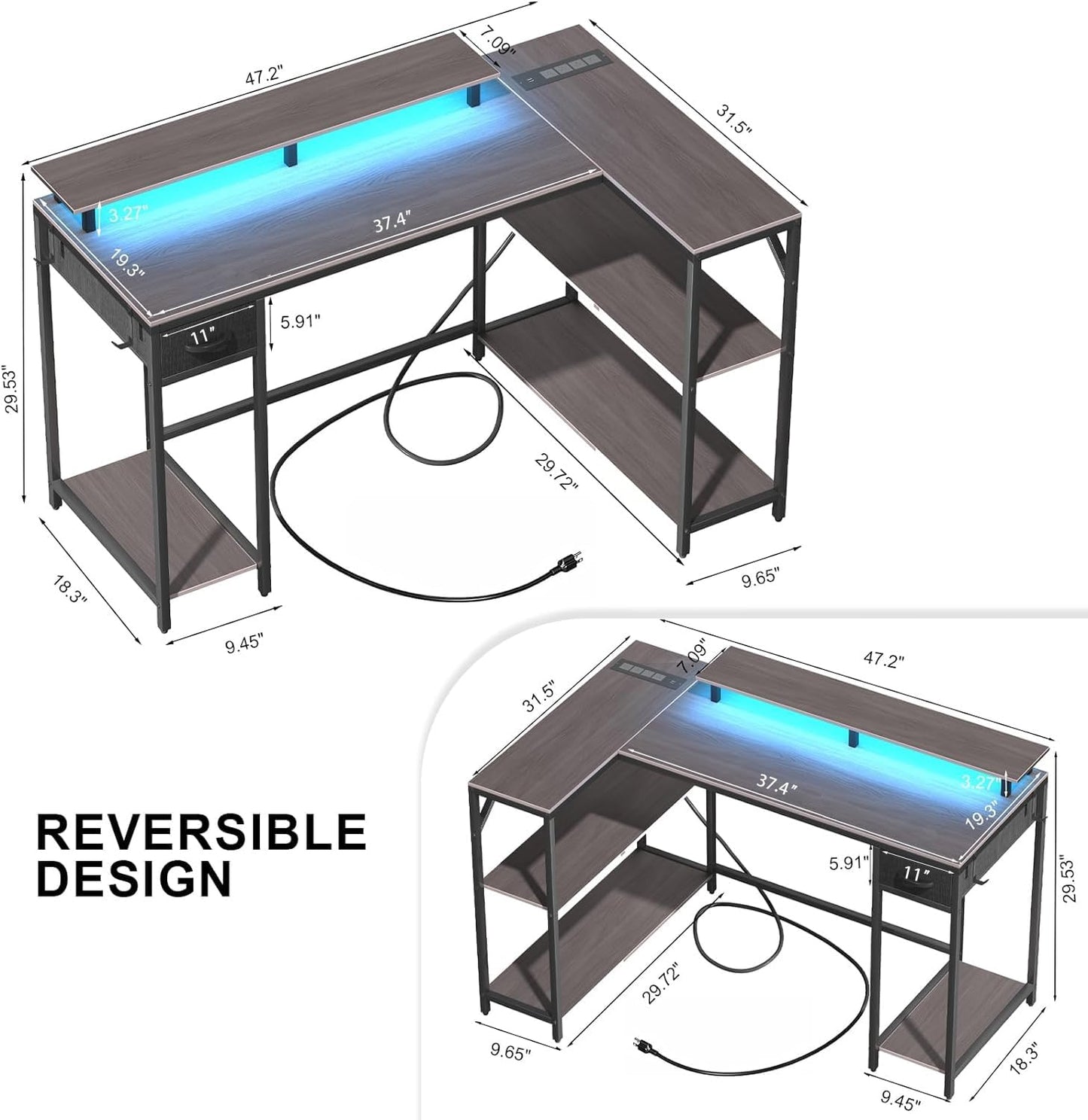 47 Inch L Shaped Gaming Desk with Drawers & Shelves, Reversible Computer Corner Desk with Power Outlet and LED Light for Home Office Bedroom, L-Shaped Teen PC Gaming Desks with Hook & Monitor Stand