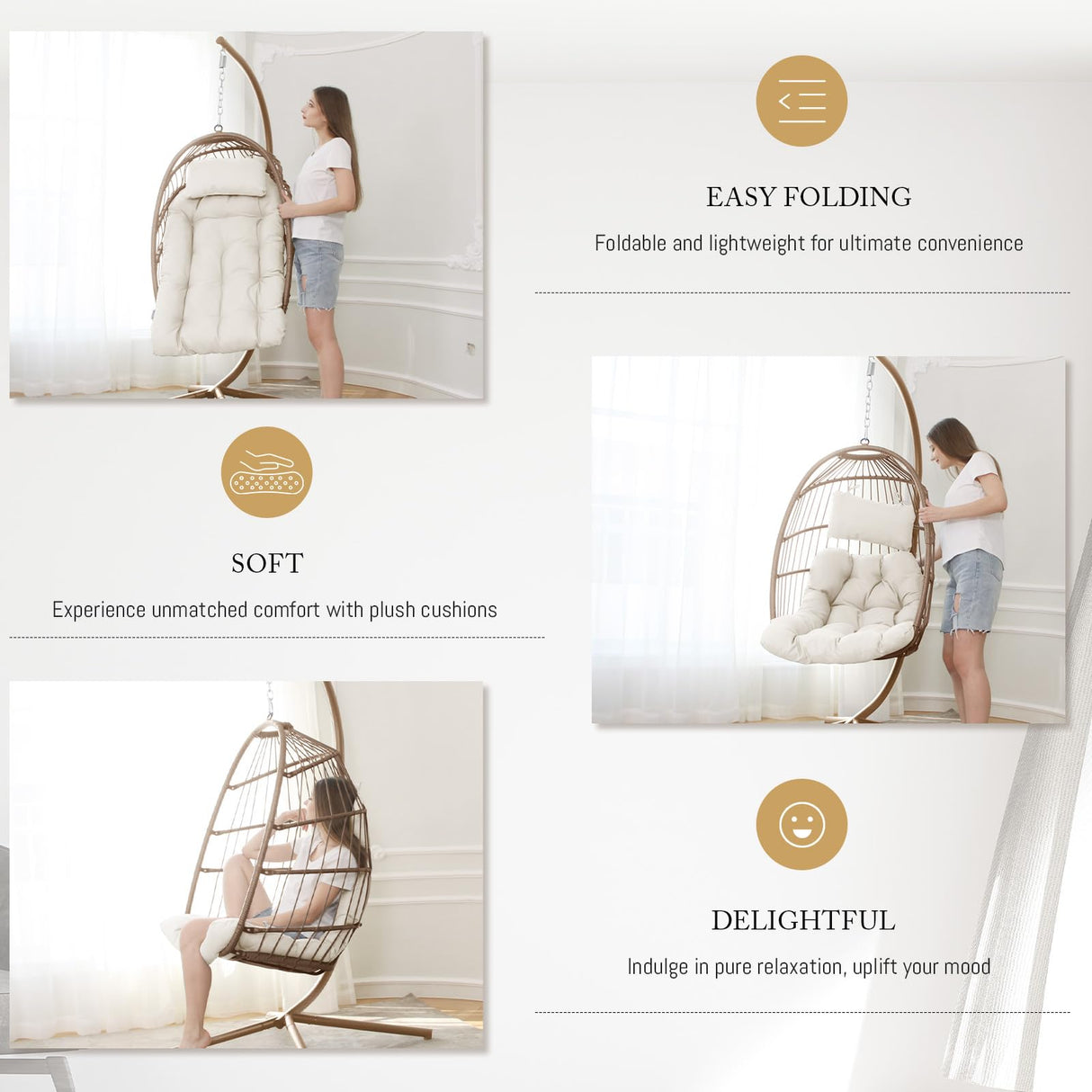 BULEXYARD Hanging Egg Swing Chair with Stand Indoor Outdoor 350lbs Capacity, Brown Wicker Hammock Egg Basket Chair with Beige Thickened Cushion for Bedroom Balcony Garden Porch Patio BULEXYARD