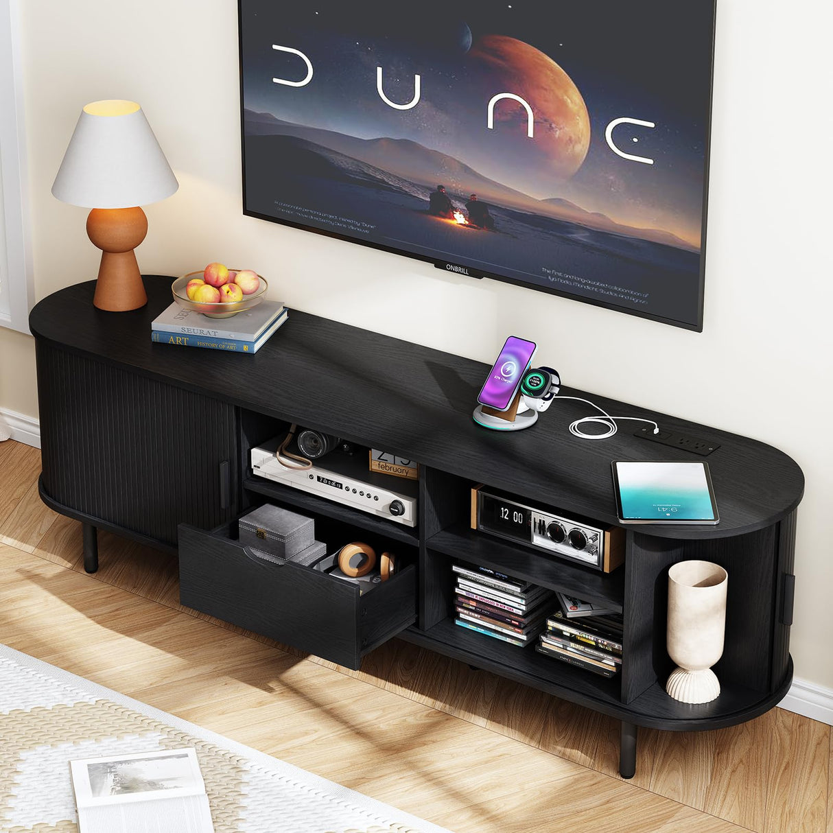 ONBRILL 69" TV Stand with Power Outlet for TVs up to 80", Entertainment Center with Storage and Drawer, TV Console with Adjustable Shelves and Sliding Door, TV Stand for Living Room, Bedroom, Black ONBRILL