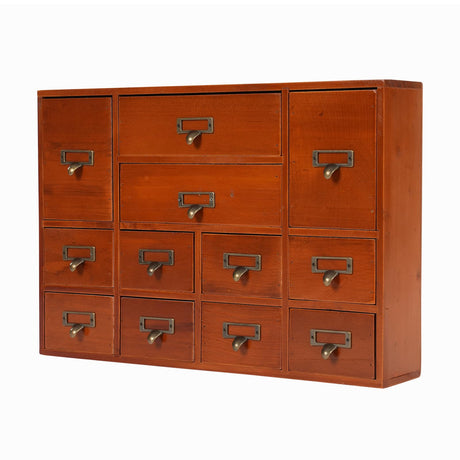 12-Drawer Vintage Wooden Storage Box, Traditional Desktop Apothecary Curio Cabinet, Library Desk Drawer w/Label Holders Handles, Multi Level Countertop Arts and Craft Organizer (Brown) BAITGMYING
