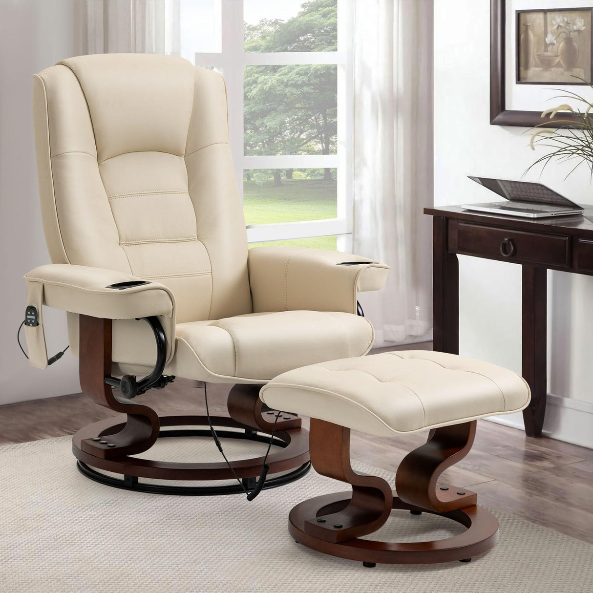 AVAWING Reclining Chair with Vibration Massage Faux Leather Recliner with Ottoman Swivel Wood Recliner Chairs for Living Room, Beige AVAWING