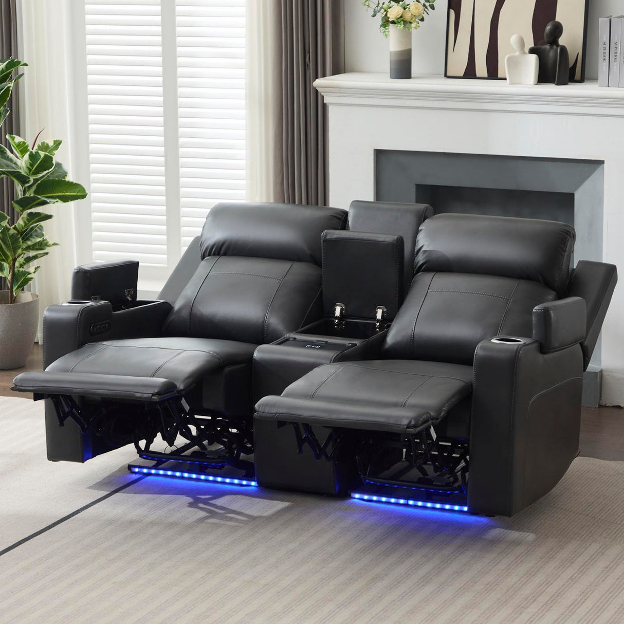 P.H.Furn Power Reclining Loveseat Sofa, Adjustable Headrest, Blue LED Lighting, Home Theater Seating with Storage, Cup Holders, USB, Wireless Charging, Living Room RV P.H.Furn