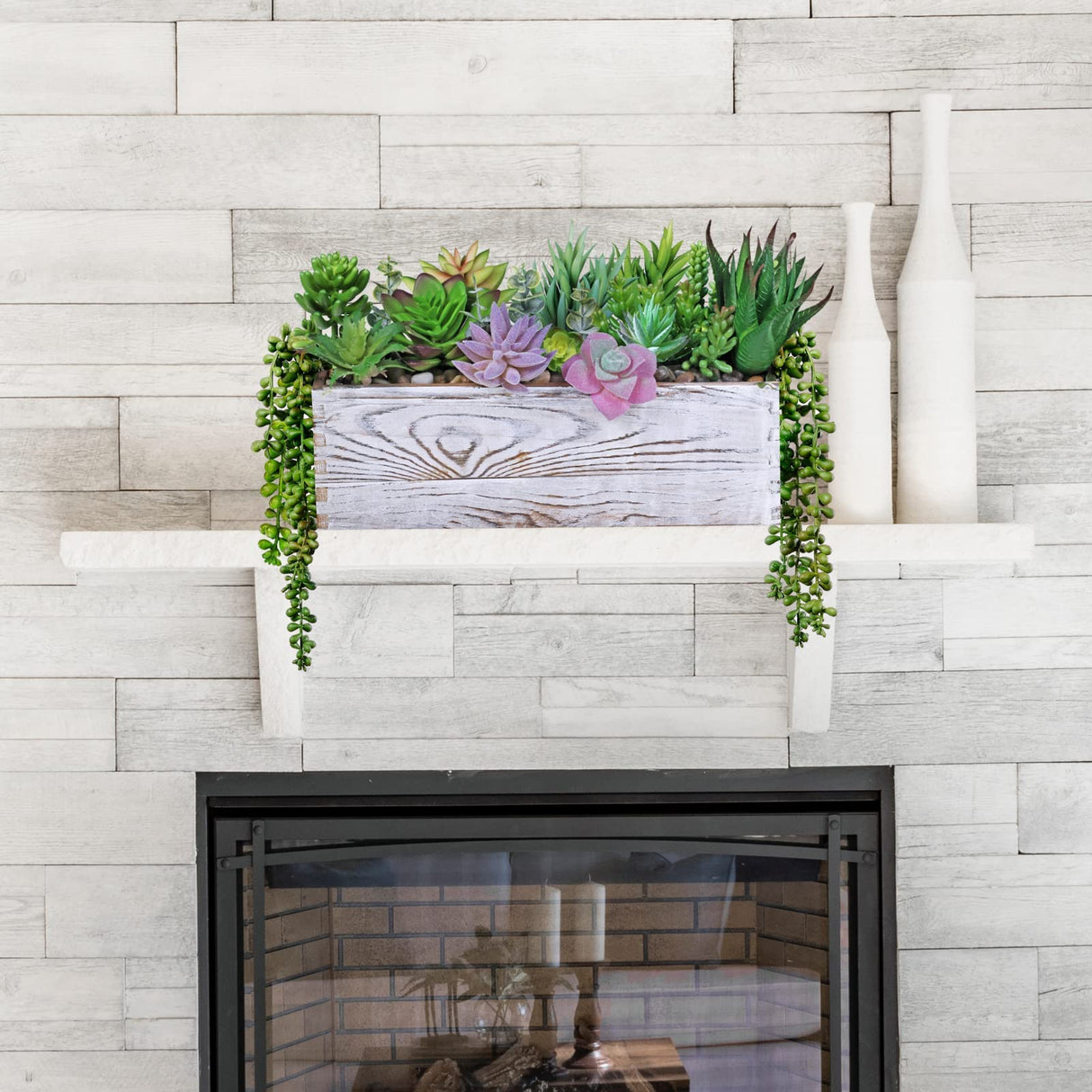 19 Pcs Assorted Artificial Succulents Fake Plants in Rectangular Wooden Pot Succulents Garden in Wood Planter Box Potted Succulents Plants Arrangement for Table Centerpiece Windowsill Greenery Decor Winlyn