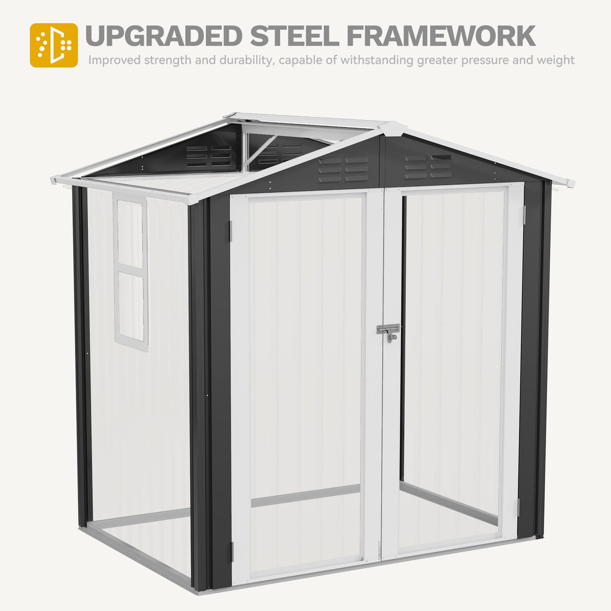 DWVO 6x4ft Metal Outdoor Storage Shed with Window, Lockable Tool Storage Sheds, Steel Garden Sheds with Sloped Roof for Backyard, Patio, Garage, Lawn, Gray + White DWVO