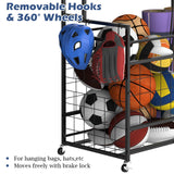 Sports Equipment Organizer Garage Basketball Ball Holder for Sports Gear and Toys Garage Ball Storage Rack Cart with Wheels and Hooks for Volleyball Football Basketball, Indoor/Outdoor, Black smusei