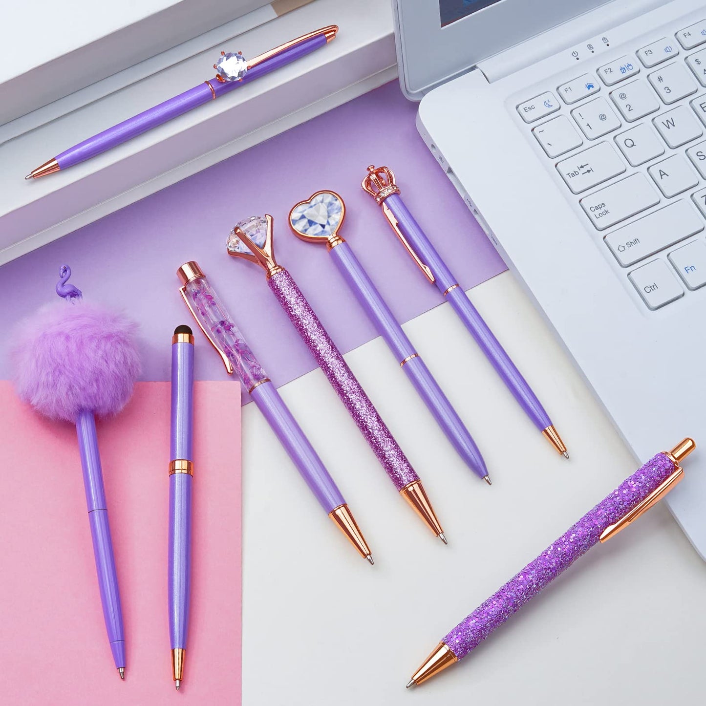 WEMATE 8Pcs Ballpoint Pens Set Metal Crystal Diamond Pen Glitter Pen for Journaling Purple Pens Bling in Black & Blue Ink Pretty Cute Pens Fancy Pens Gifts for Women Wedding School Office Desk(Purple)