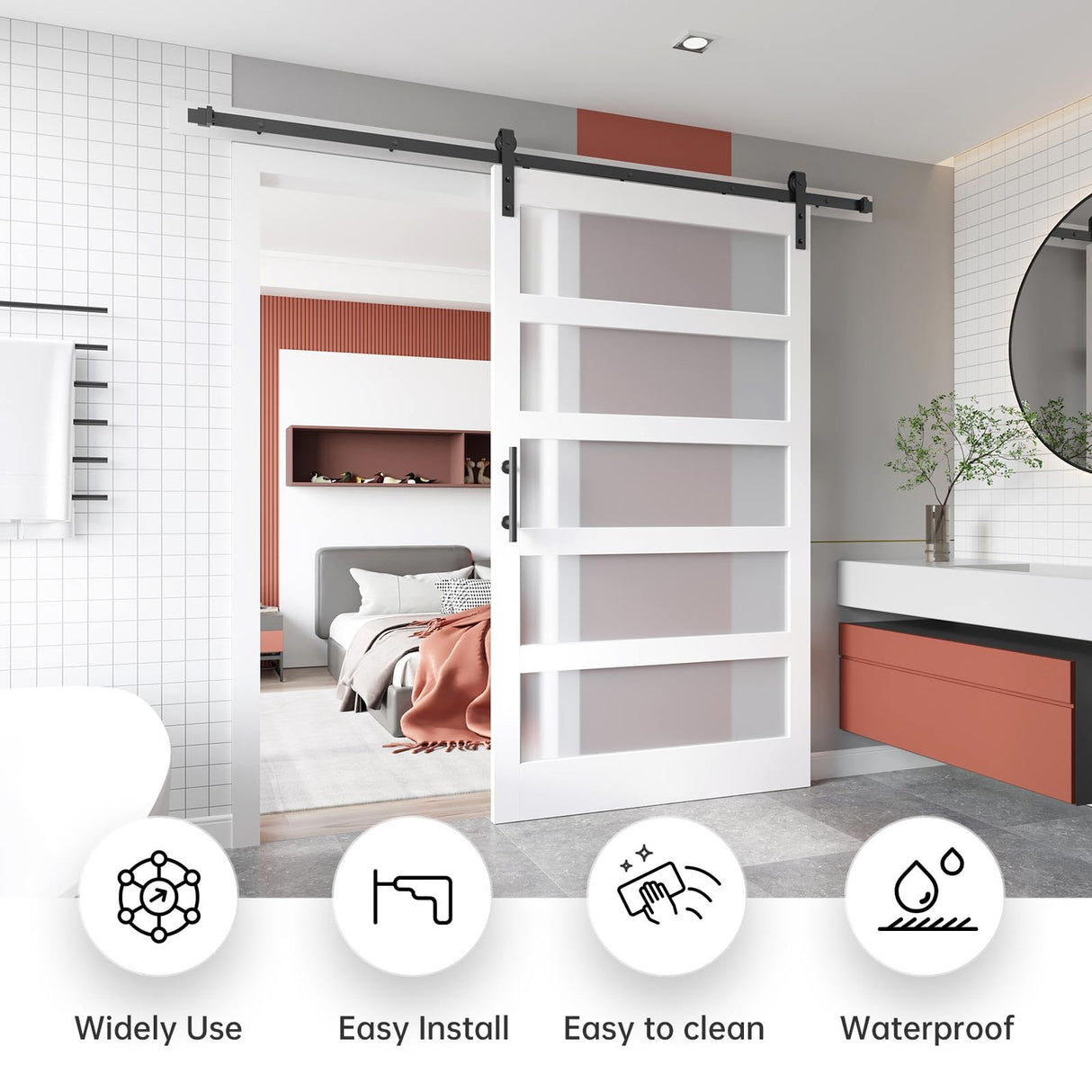 EaseLife 48in x 84in Glass Barn Door with 8FT Sliding Door Hardware Kit Included & Handle,Solid LVL Wood Covered with Water-Proof & Scratch-Resistant PVC Surface,DIY Assembly,5-Panel Glass,White EaseLife