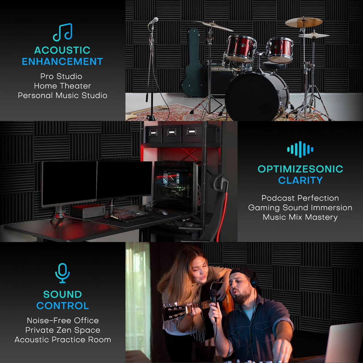 Knightsacoustic 96 Pack Sound Proof Foam Panels for Walls, 1 X 12 X 12 Inches Acoustic Foam Panels, High Density Acoustic Panels Sound Absorbing, Black Noise Cancelling Studio Wedges Knightsacoustic