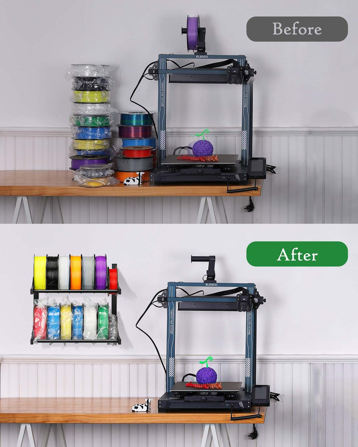 AHOWPD Wall Mount Filament Storage Rack- Wall Mount 3D Printer Filament Storage Rack 2 Tier Filament Spool Holders Racks, Heavy Duty Metal Shelf for PLA/ABS/TPU, Filaments Organzied (Black) AHOWPD