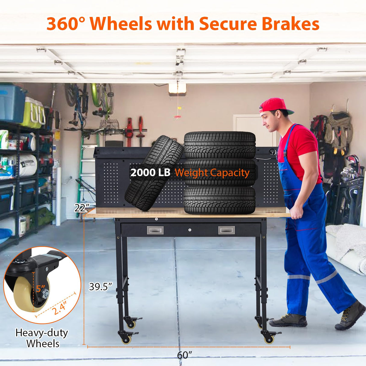 ACONEE 60" Adjustable Workbench with Drawer Storage, Heavy-Duty Worktable with Pegboard & Power Outlet, Solid Steel Frame, 2000LBs Load Capacity Rubber Wood Top Workbench for Garage, Office, Workshop ACONEE