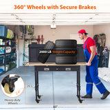 ACONEE 60" Adjustable Workbench with Drawer Storage, Heavy-Duty Worktable with Pegboard & Power Outlet, Solid Steel Frame, 2000LBs Load Capacity Rubber Wood Top Workbench for Garage, Office, Workshop ACONEE