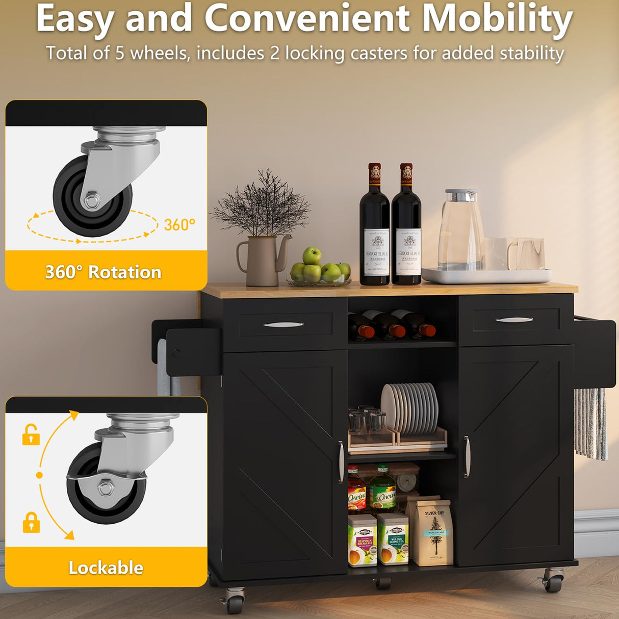 knoworld 51.5'' Rolling Kitchen Island with Storage Cabinet & Drawers, Drop Leaf Kitchen Cart on Wheels, Farmhouse Portable Mobile Islands, Large Butcher Block Table with Tower/Spice Rack, Black knoworld