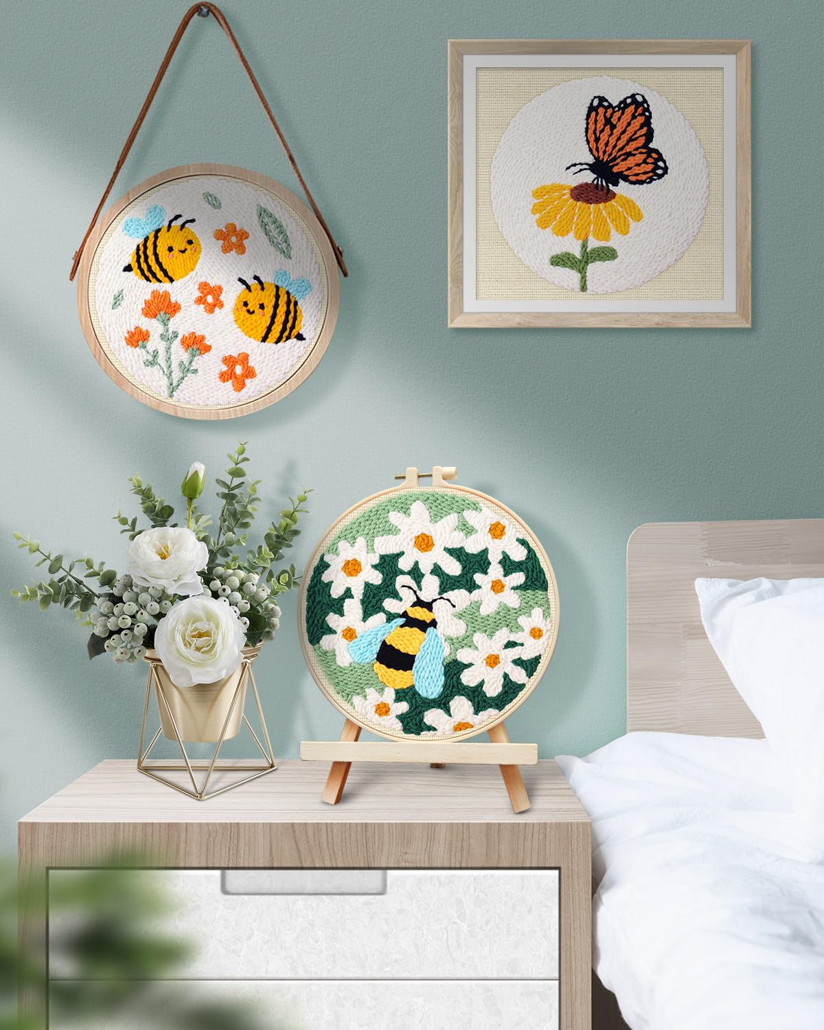 TINDTOP 3 Sets Punch Needle Kits, Flowers Punch Embroidery Kits for Adults Beginner, Tool with Punch Needle Fabric, Hoops, Yarns and Sewing Needles TINDTOP